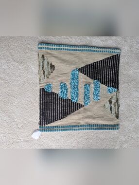 Beige Cushion Cover with Teal & Black Geometric Accents - Nwt